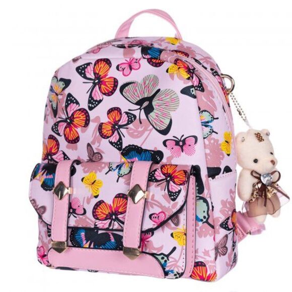 Small Pink Floral Women Girls Backpack Front Pouch For Fashion Causal Travel - Picture 2 of 2
